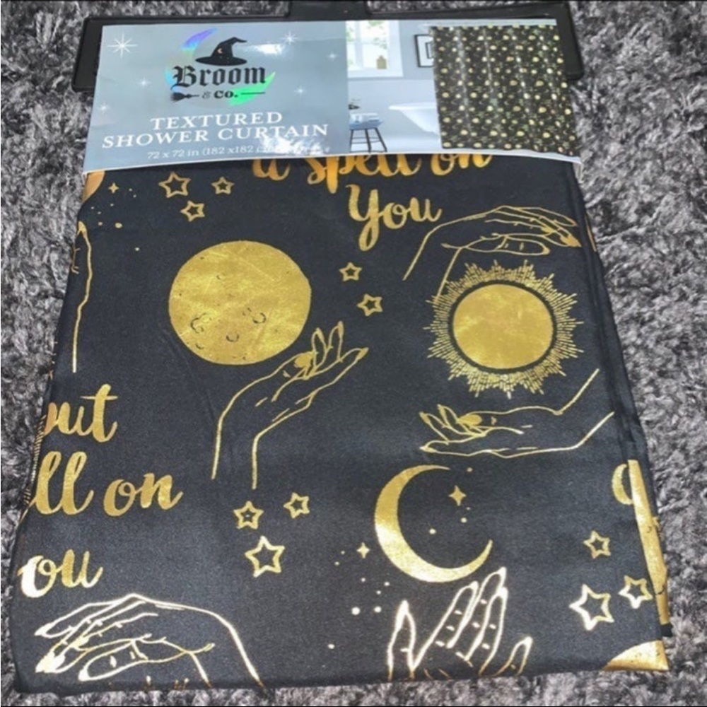 Halloween Palmistry “I Put A Spell On You” Black & Metallic Gold Shower Curtain